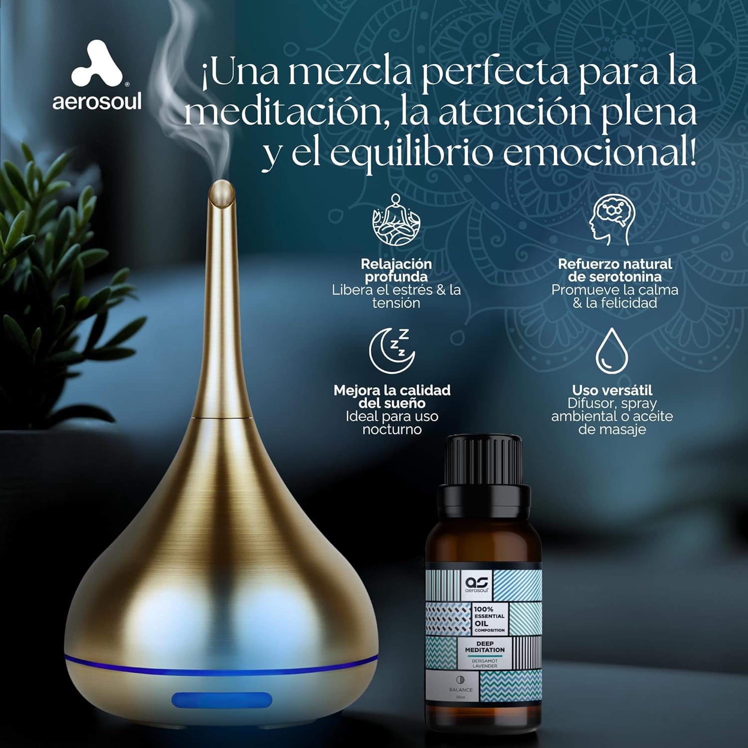 Aerosoul® Aceites Esenciales Para Humidificador, Mezcla Aceites Esenciales Bergamota, Lavanda, Vainilla, Manzanilla, Aceites Para Aromaterapia, 100% Aceites Esenciales Naturales, 30Ml