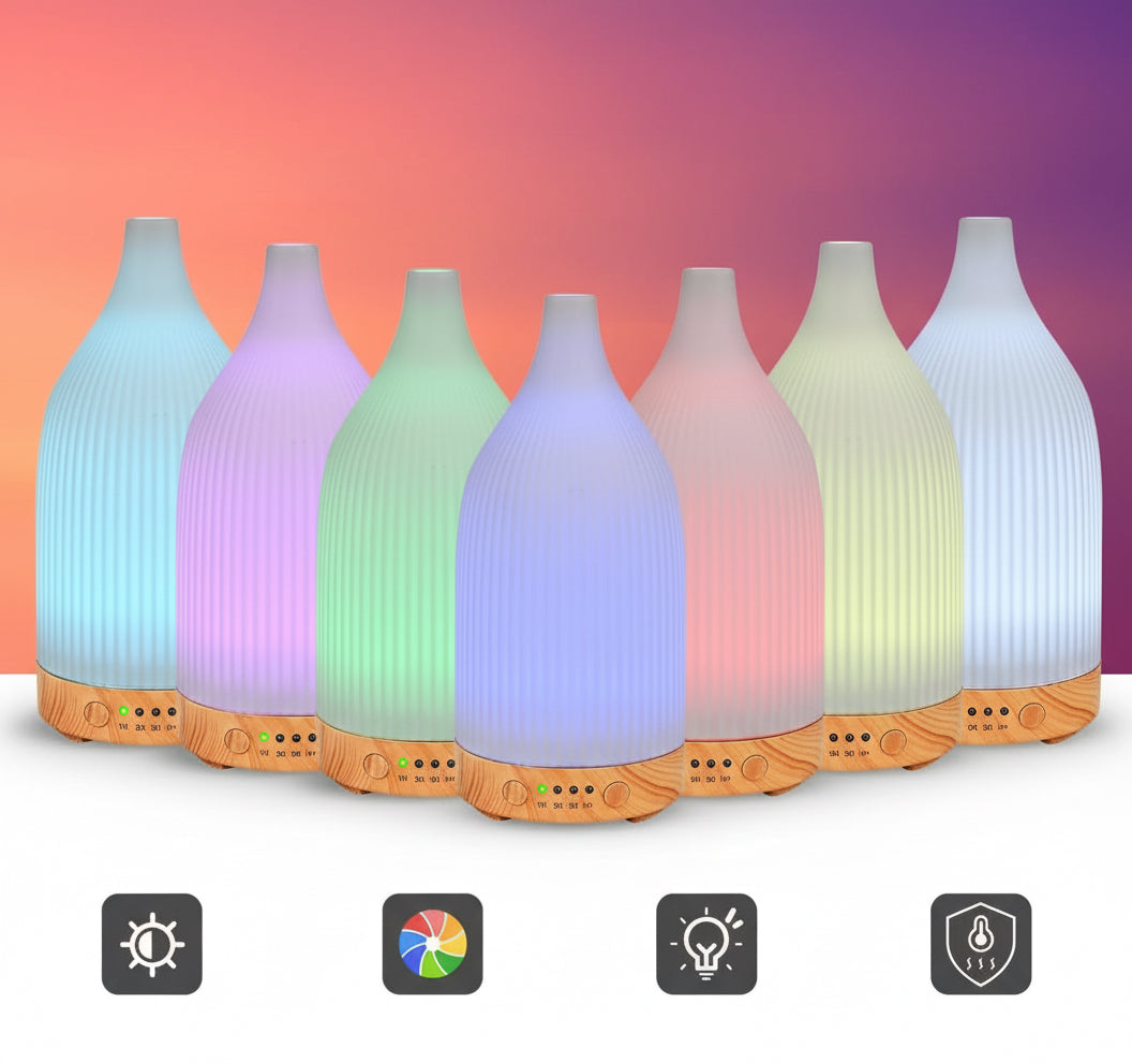 Difusor Aceites Esenciales 100ML, Cerámica Ultrasónico Difusor De Aromas Con LED De 7 Colores Y 4 Temporizadores, Humificador De Aromas-Anhidro Apagado Automático