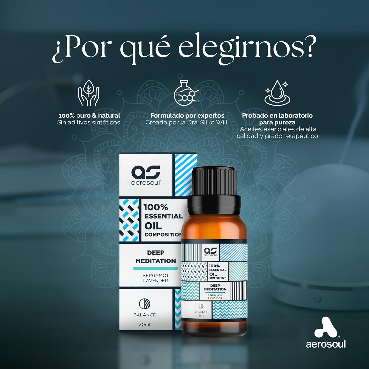 Aerosoul® Aceites Esenciales Para Humidificador, Mezcla Aceites Esenciales Bergamota, Lavanda, Vainilla, Manzanilla, Aceites Para Aromaterapia, 100% Aceites Esenciales Naturales, 30Ml