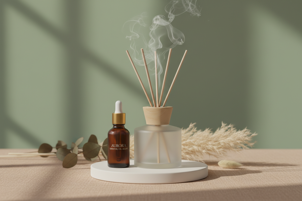 generame una imagen en la que se vea un difusor y un aceite , haz una combinación buena ya que es una imagen para un hero basado en packs de difusores mas aceites , haz algo original pero elegante y que transmita relajación a la vez