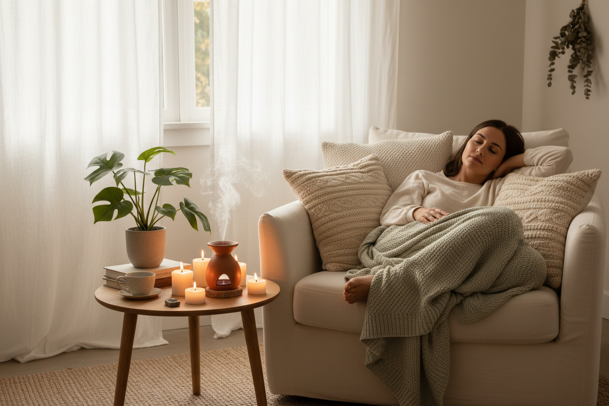 generame una persona relajada con el difusor de la primera imagen y quiero que este en un entorno que transmita paz y relajacion