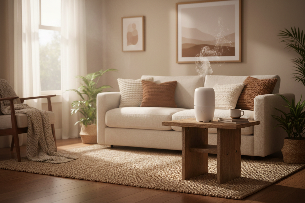 hazme una imagen de un difusor en un salón de colores marrones blancos y amanerados , un entorno cálido y acogedor y sobretodo relajante