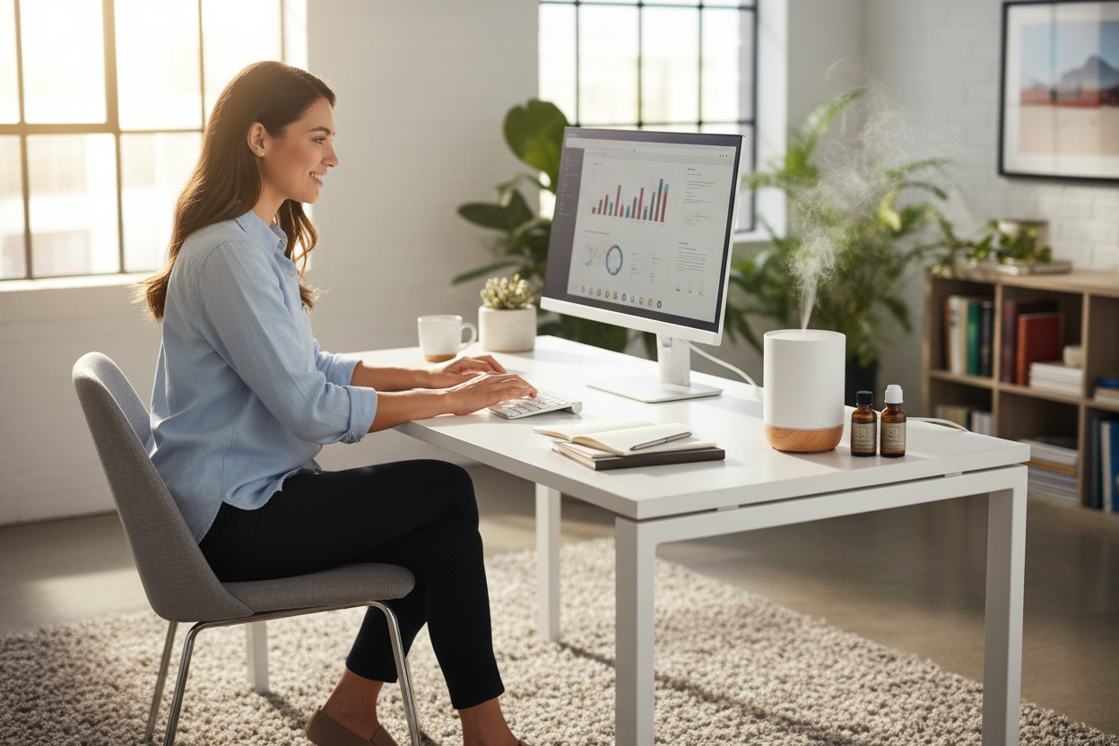 hazme una imagen en donde se vea una oficina con una persona trabajando delante de un ordenador y que se le vea concentrada y contenta y quiero que en la mesa haya un difusor de aceites