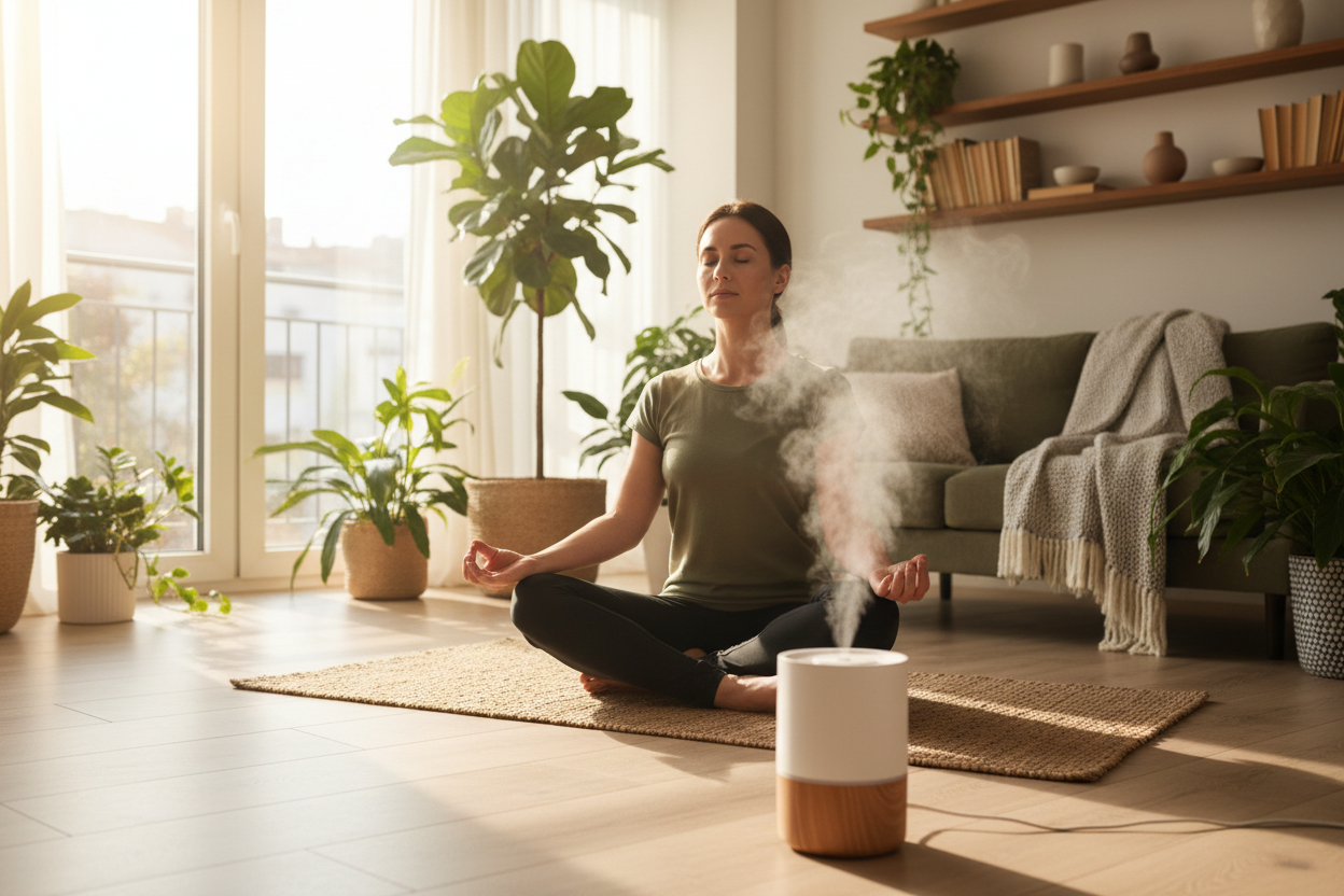 nono, una persona haciendo yoga en su casa y que se vea un humidificador en el primer plano